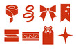 © Anton - Festive Ribbon Icons. Elegant Festive Wraps bold vector icon set: silk ribbon roll, ribbon curl swirl, folded bow tails, sparkly edge, layered ribbon band, lace detail, tag with