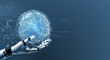 © tete_escape - Futuristic technology concept with robotic hand hold digital world globe and circuit pattern, symbolizing AI, robotics, global data, digital transformation, innovation, evolution and tech revolution.