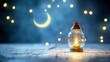 © riantyy - A vintage glass lantern with a lit candle inside sits on a wooden surface, illuminated by a crescent moon and soft bokeh lights.