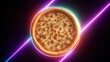 © JPminimal - Pizza delight neon glow digital art dark background top view futuristic concept