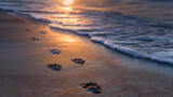 Dog walking on beach at sunset with paw prints in sand near gentle ocean waves creating peaceful and warm atmosphere