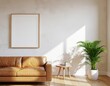 © dendyh7 - Blank Poster Frame Mockup on Scandinavian Wall: Natural Light & Minimalist Living Room Interior