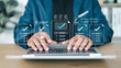 © phimprapha - Businessman showing online document validation icon, quality assessment management With a checklist, business document evaluation process.