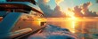 © Maryna - Luxury yacht speeds across ocean at sunset in Miami. Wealthy individual enjoys moment of freedom on board opulent vessel. Scene showcases high-end lifestyle and abundant leisure near blue horizon.