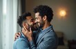© Maryna - Two happy men share intimate moment. Romantic gay couple embraces smiling. They touch faces laugh. Happy lovers feel love. They show affection close to each other.