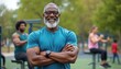 © Maryna - Confident black senior man smiles, arms crossed outdoor. He wears glasses and t-shirt in park. Others do exercise in background. He is healthy. Middle aged man with beard looks happy, sporty.