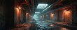 © Maryna - Gloomy industrial tunnel with pipes overhead, tracks on floor. Orange lights cast eerie glow on dirty concrete walls. Empty passage leads to foggy distance. Futuristic abandoned subway station