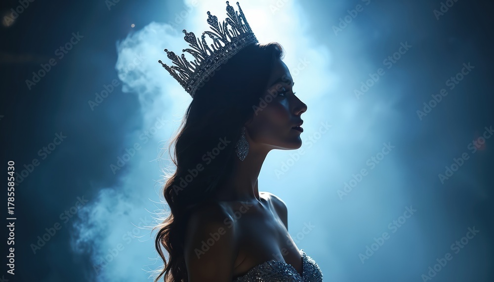 Portrait of beauty pageant winner in the spotlight. Woman wears crown ...