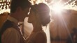 © soem - A bride and groom share a tender moment at their wedding reception, with the sun shining through the venue's fairy lights.