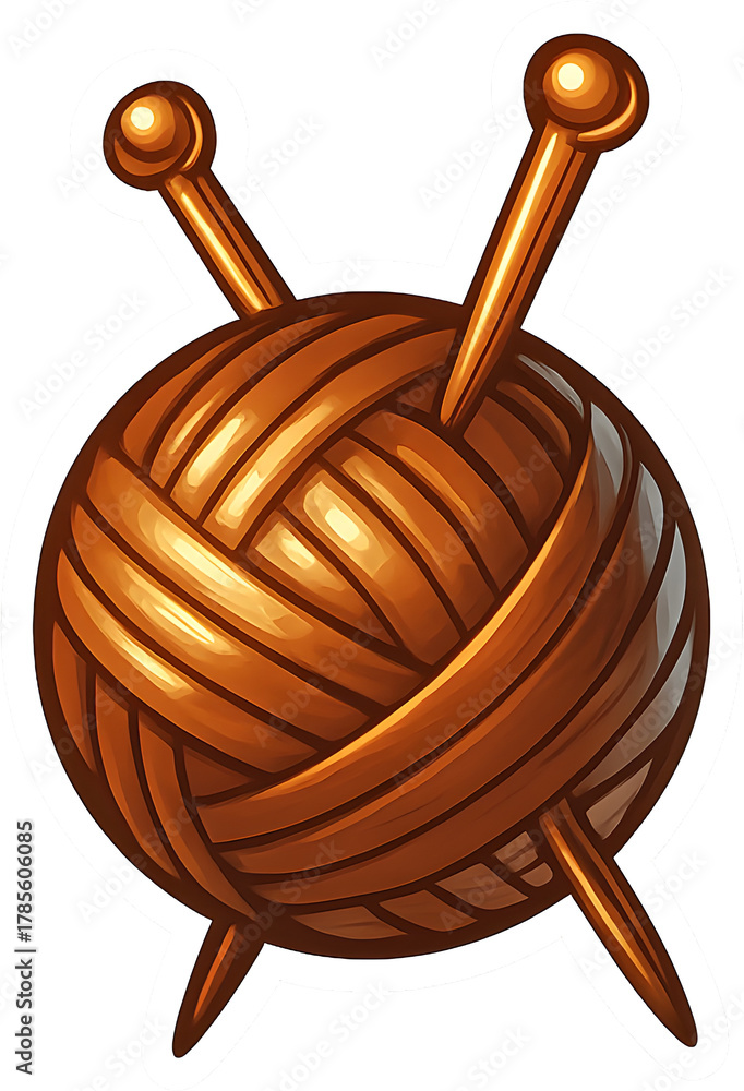 Autumn metallic knitting yarn ball with needles sticker PNG transparent background clean outline soft shadow high detail commercial use