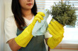 © Stella 16 - Housekeeper cleaning white flower pot with yellow gloves