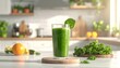 © Satria - Fresh green smoothie in a glass with with kale, spinach, basil, and healthy lifestyle.