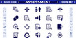 © artshuvo - Assessment solid icons set with goals, results, process, quality, evaluation, planning, analysis, auditing, financial report, measuring, expertise