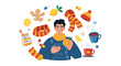 © Emma - Healthy man in a warm sweater holding an orange, surrounded by natural remedies, vitamins, and warm clothes, illustrating cold and flu season prevention.