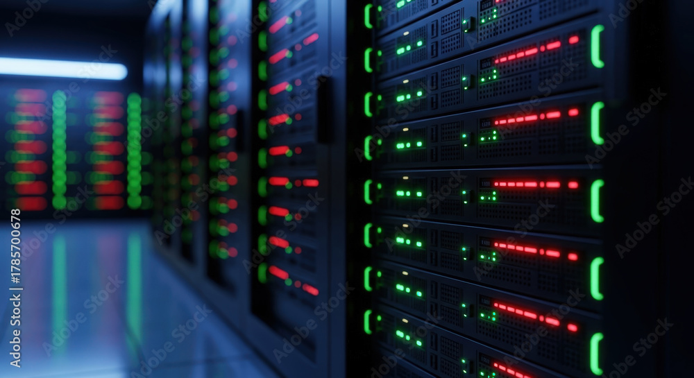 Rows of server racks with flashing red and green lights in a modern ...