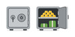© vell - Safe containing money and gold. Open and closed metal vault. Bank safe icons. Box with door for secure deposits. Financial storage container. Vault with lock. Security and protection concept. Vector.