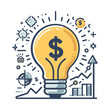 © takon - A bright yellow lightbulb with a dollar sign, surrounded by business graphs, charts, and abstract elements, symbolizing financial ideas and growth.