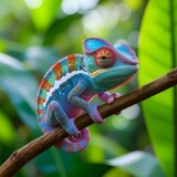 Cute colorful chameleon character sitting on brown tree branch with green leaves, tropical reptile illustration
