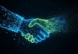© IQ-Photography - Digital handshake with blue and green glowing polygon mesh on a dark background showing connection