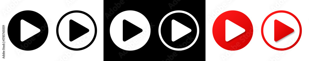 Player button set icons, red and black play button signs, video audio ...