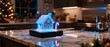 © ON - Studio - A glowing holographic gingerbread house on a modern kitchen counter at Christmas. Futuristic smart home decoration for the festive holiday season concept.