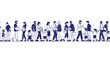 © grvect02 - Seamless Vector Illustration of Diverse Crowd Walking Forward. Population Flow Banner with Men, Women, and Children Carrying Boxes and Bags.