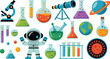 © Sky - Cartoon science and space objects including astronaut and planet laboratory experiment