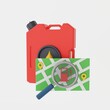 © Loverina - A 3D fuel can and a map with a magnifying glass symbolize finding the nearest gas station, navigation, and route planning. The concept is related to car apps, GPS navigation, and logistics.