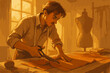 © David - Young caucasian male tailor concentrating on cutting fabric with scissors in a warmly lit workshop, surrounded by sewing tools and a mannequin.