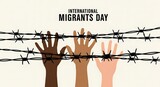 International migrants day with hands behind barbed wire on white background