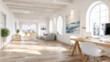 © Virtual backgrounds - Blurred modern office interior, minimalist and bright workspace with natural light, warm wooden floors, and white walls. Perfect background for virtual meetings, website, presentations, and digital
