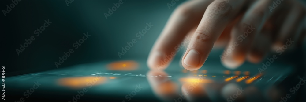 Hands interacting with tablet displaying layered analytics dashboards ...