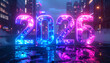 © Asof86 - Bright glowing 2026 numbers in holographic blue-purple lights, cyber city background