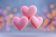 © Mikhail Vorobev - Three pink heart-shaped balloons gently hanging against a soft blue background with warm and colorful bokeh lights creating a dreamy romantic atmosphere
