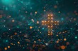 © Yuliia - Glowing cross formed by connected light points against dark teal background with bokeh effect and network connections.