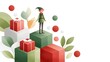 © rostovtsevayu - Isometric illustration of an elf standing on colorful gift boxes surrounded by festive leaves and ornaments, creating a whimsical holiday atmosphere with copy space