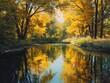 © doly - Autumnal River Scene Oil Painting Golden Fall Foliage Reflecting Calm Water Tranquil Woodland Landscape Vibrant Seasonal Beauty Art
