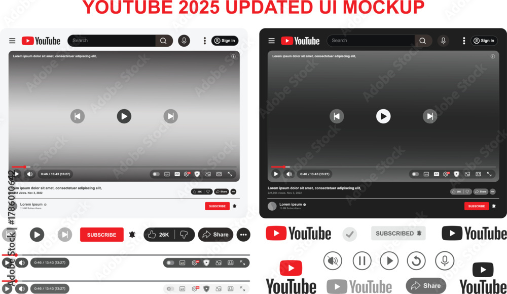 Youtube 2025 Updated UI Mockup. Youtube video blank template vector set ...