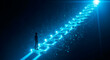 © Deva Braga - Digital transformation concept shows a figure climbing futuristic data stairs to a bright future, illustrating progress, innovation, and technology leadership