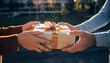 © Athiphat - Hands exchanging wrapped gift with golden ribbon, close up, warm sunlight, outdoor setting, festive and joyful atmosphere, blurred background, macro cinematic shot