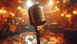 © anandart - Vintage microphone on stage in a warmly lit music venue with blurred band in the background, evoking live performance, nightlife, and entertainment