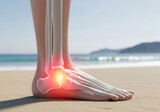 Anatomical illustration of a painful ankle joint on a beach
