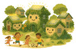 © Olha - Eco-Friendly Neighborhood Bliss. Eco-friendly neighborhood with smiling houses covered in plants, children playing, and solar