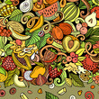 © balabolka - Fresh Fruits cartoon vector doodles frame illustration. Nature food elements and objects background. Bright colors funny picture