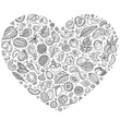 © balabolka - Sketchy vector set of Exotic Tropical Fruits cartoon doodle objects, symbols and items. Heart form composition
