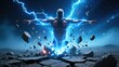 © Aamir - A powerful figure rising over a cracked ground with blue energy and floating rocks, showing strength and control, high testosterone, boost testosterone