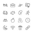 © PixeloAI - Diverse line icon set. Vector pictograms of world map, briefcase, airplane, folder, beakers, scales, health, running, apple, clock, WiFi, team, link, thin linear illustration.