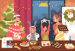 © ssstocker - Family christmas cooking. Parents with kids cook food on kitchen table festive dinner, winter holiday meal baking cookies mom dad kids in santa hat, classy vector illustration