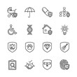 © PixeloAI - Protection and insurance line icon set. Vector pictograms of baby stroller, umbrella, medicine, house, fingerprint, diamond, pet, art, and ideas, thin linear illustration.