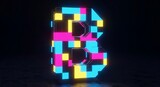 Abstract 3D Pixel Block Letter B with Retro Neon Color Blocks: Vintage Gaming, Club Poster, and Electronic Music Typography Design